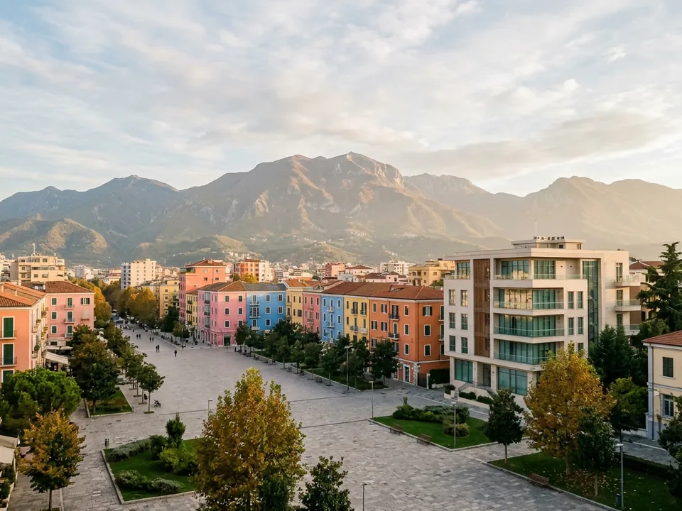 A modern clinic building in Tirana with mountains in the distance