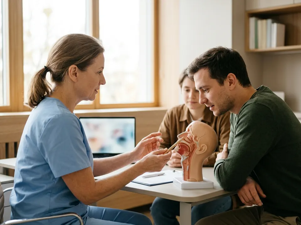 An ENT specialist demonstrating a procedure using an anatomical head model for a patient.