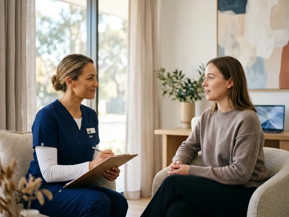 A cosmetic specialist consulting with a female patient in a bright medical office.