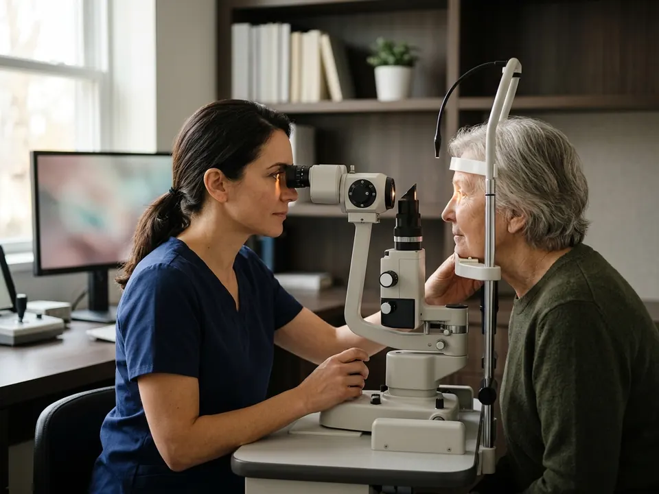 An eye specialist performing a detailed eye examination with a slit lamp.