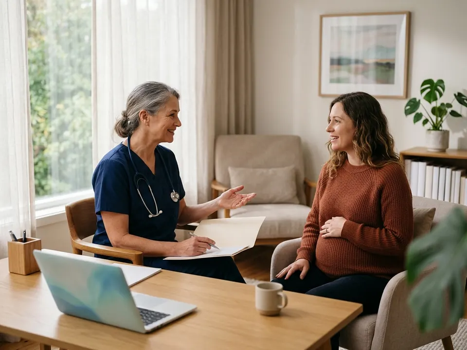 An obstetrician consulting with a pregnant woman in a modern, comfortable office setting.