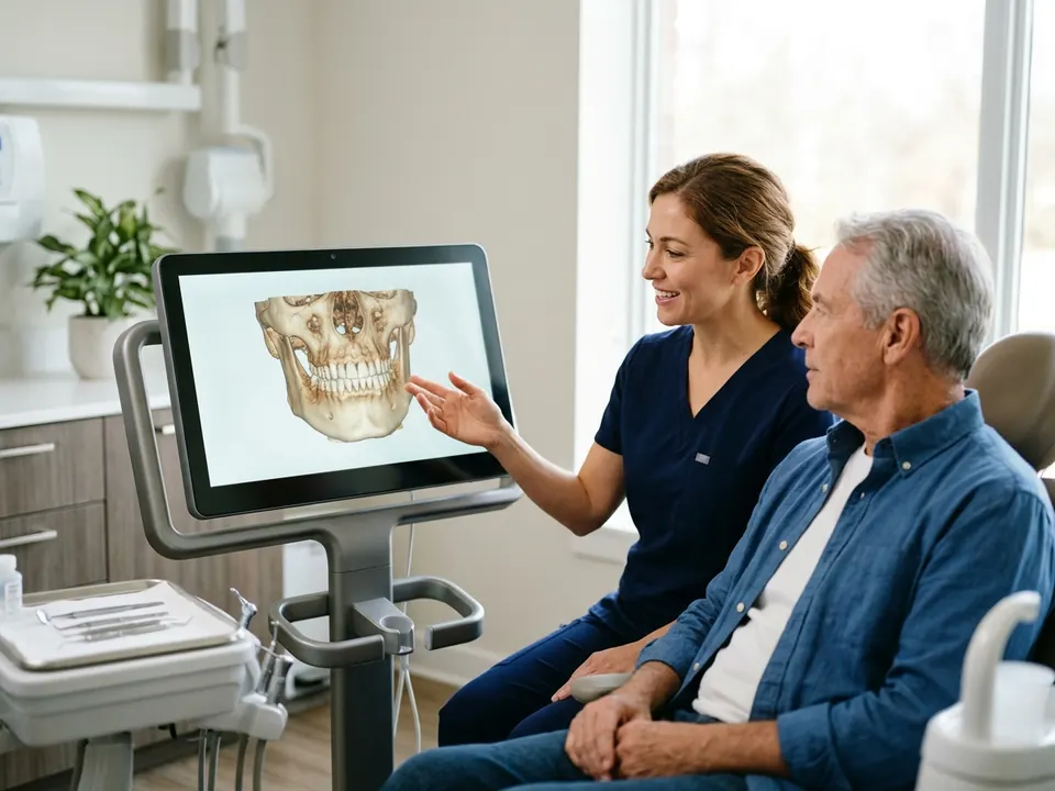 A dentist reviewing a 3D digital jaw scan with a patient in a clinic room.
