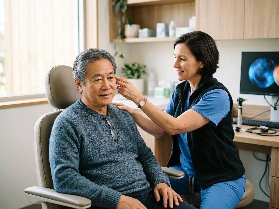 A surgeon inspecting a patient's ear during an otoplasty evaluation.