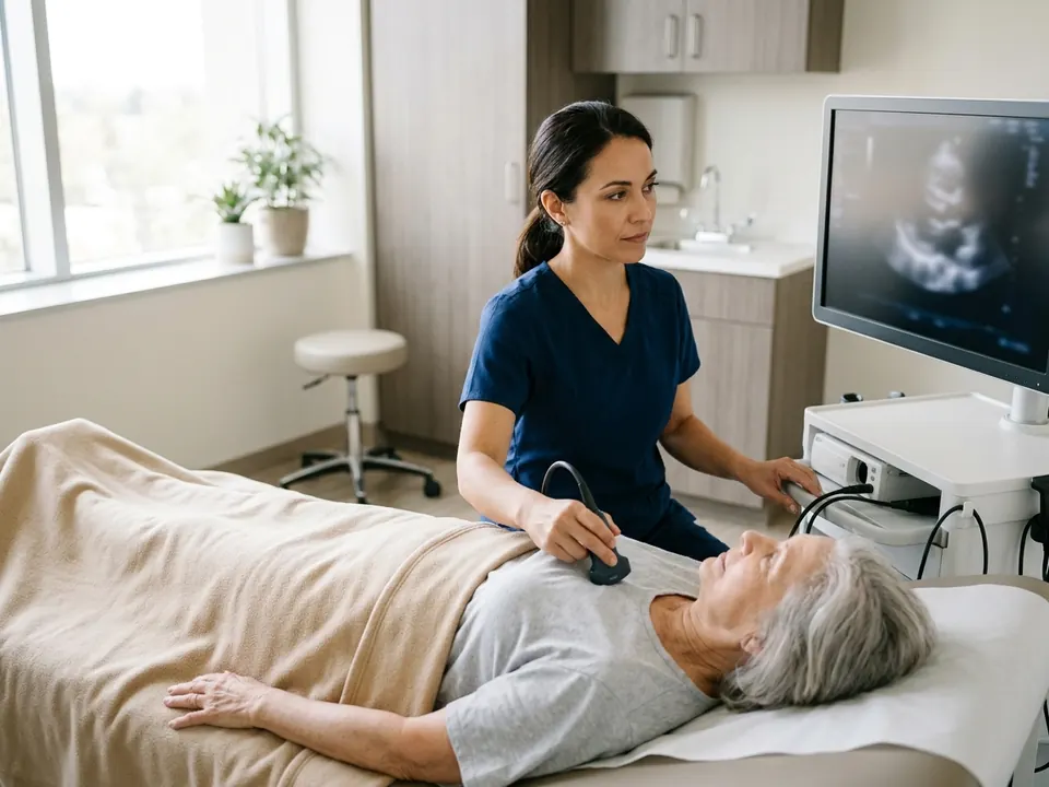 A sonographer placing an ultrasound probe on a patient's chest during an echocardiogram.