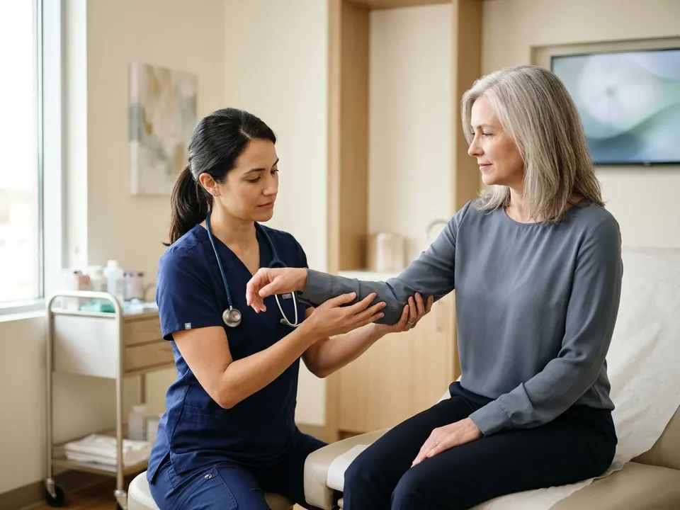 An orthopedic doctor checking a patient's elbow range of motion in an examination room.