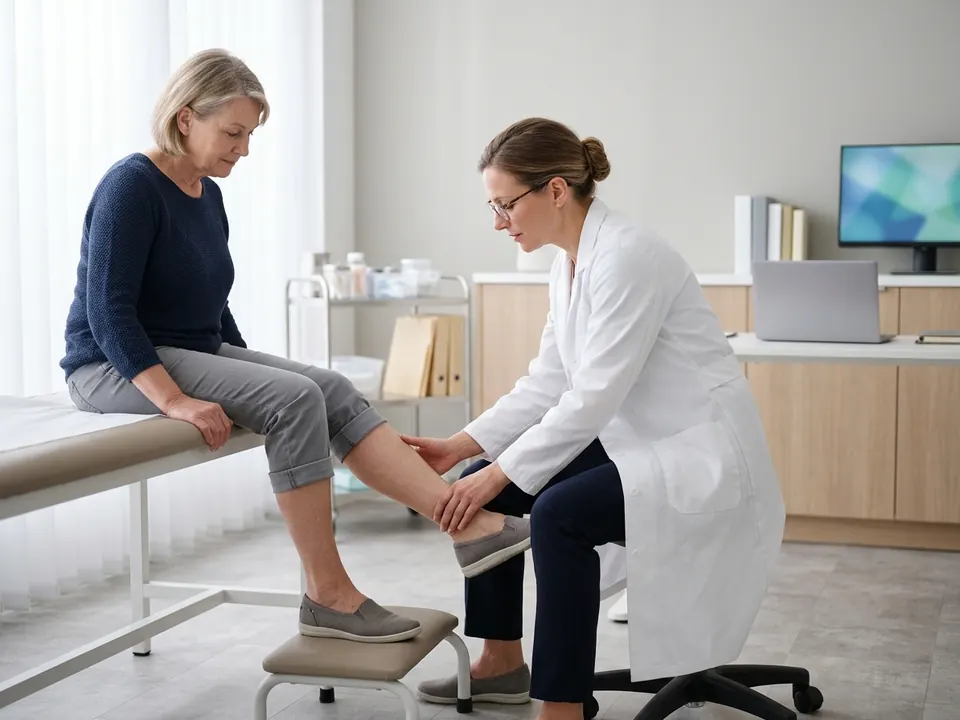 A doctor conducting a physical examination of a patient's leg in a clinic.