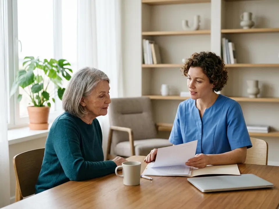 A doctor seated at a desk speaking with a patient during a surgical consultation.