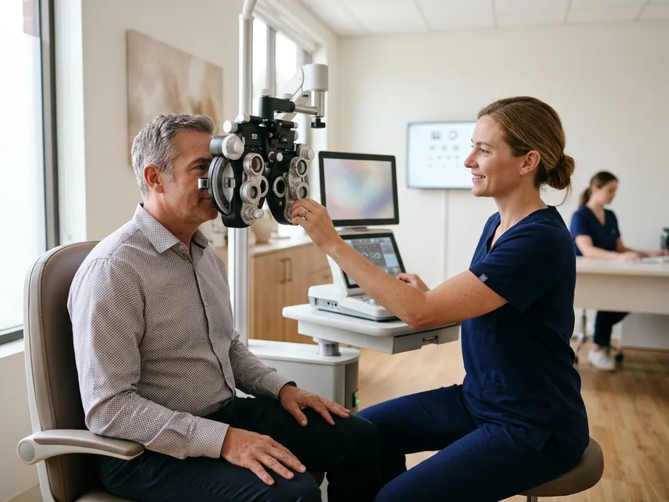 An ophthalmologist adjusting a digital phoropter during a patient's eye exam.