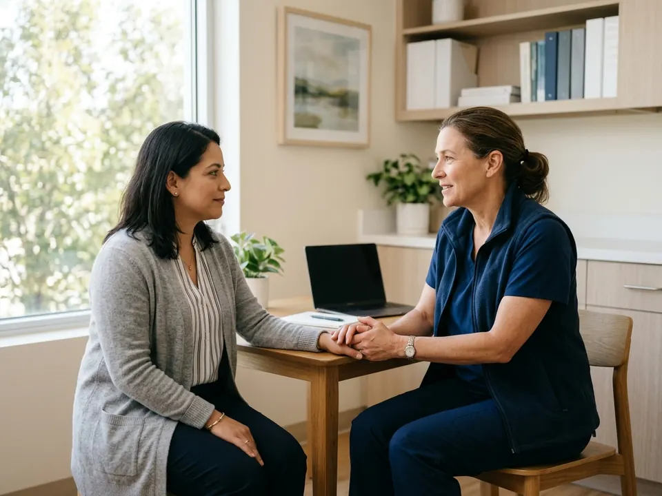 A gynecological oncologist holding a patient's hand during a supportive consultation.