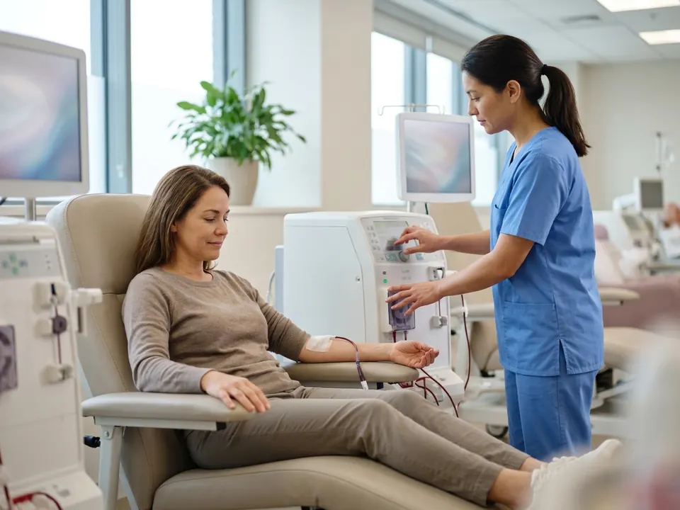 A patient resting comfortably in a dialysis chair next to a modern hemodialysis machine.