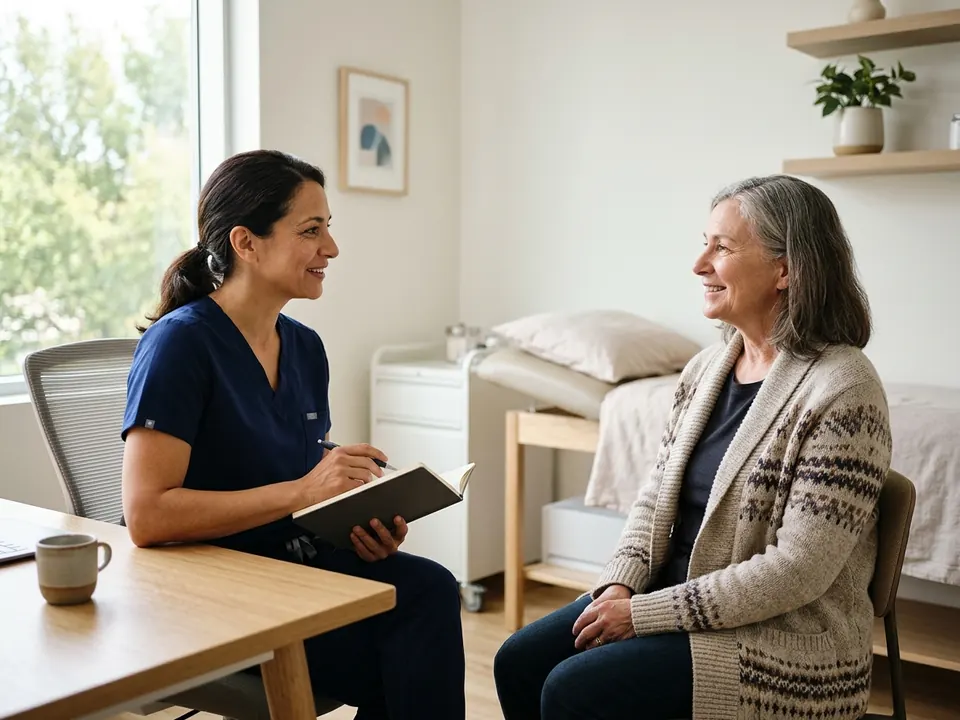 A patient having a discussion with a doctor in a well-lit medical consultation room.