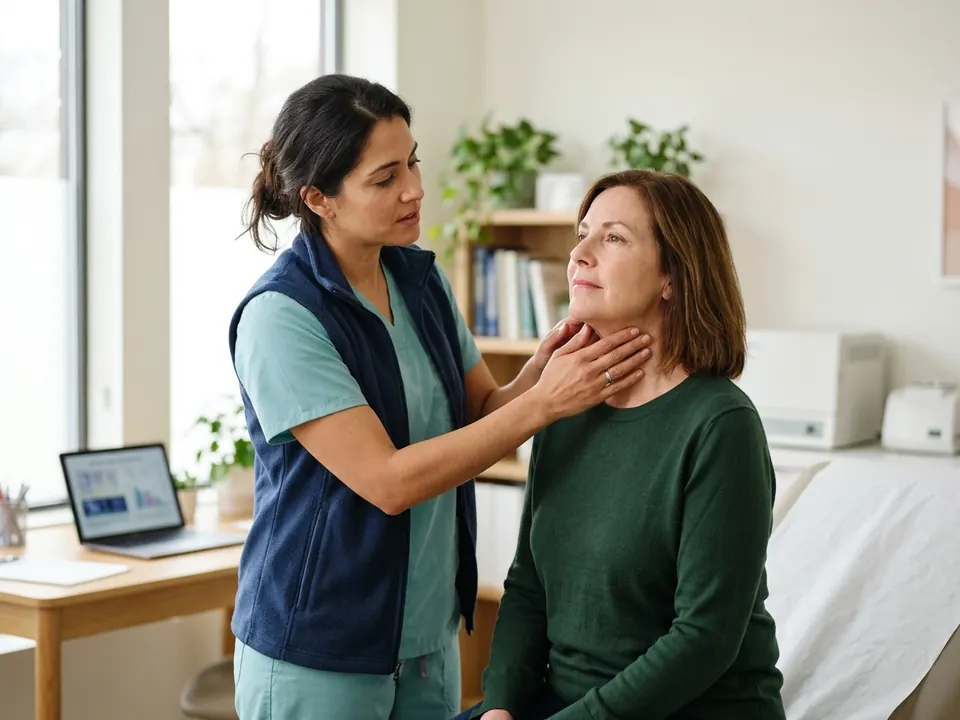 A doctor examining a patient's neck and thyroid gland during a routine clinical visit.
