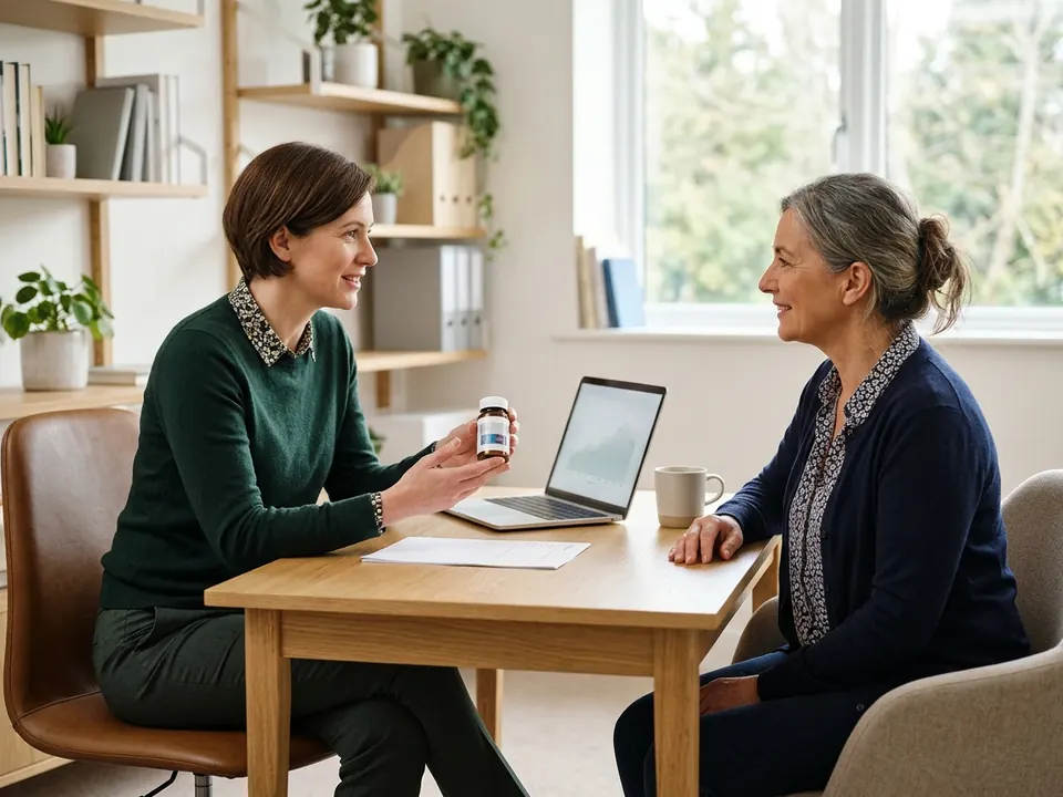 A physician reviewing thyroid treatment plans with a seated patient in a clinical room.