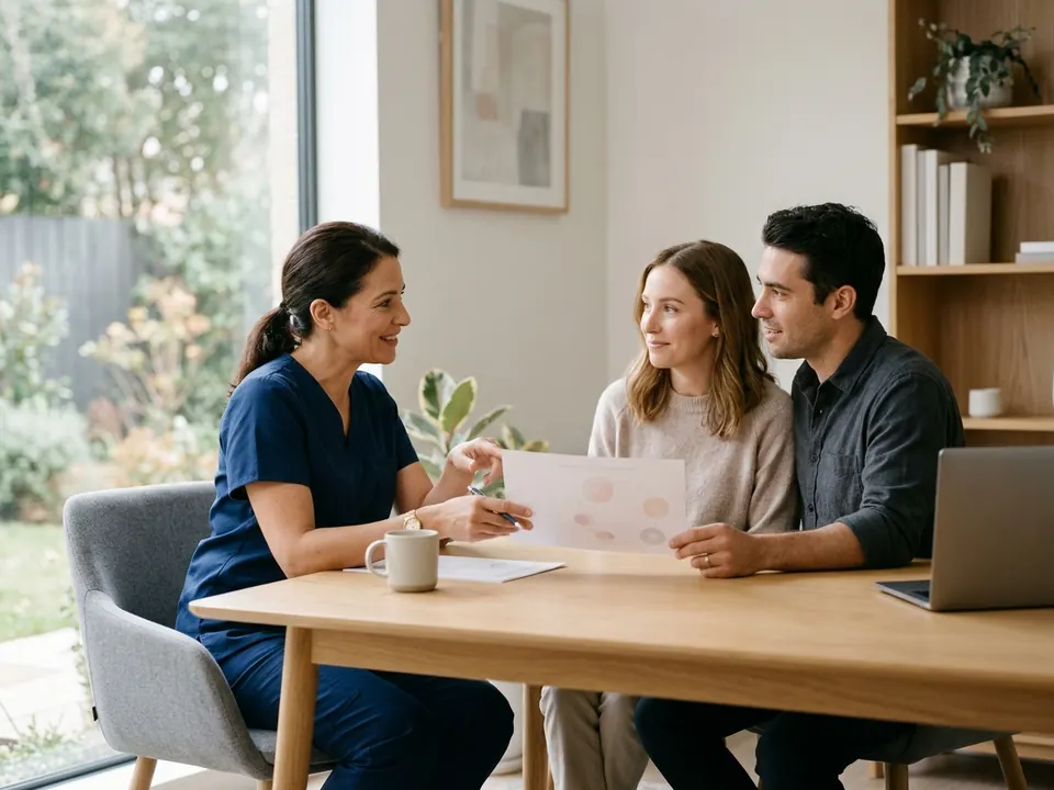 A fertility specialist discussing IVM options with a couple in a consultation office.