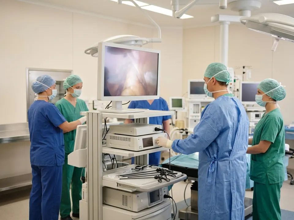 Advanced laparoscopic surgical equipment set up in a clean, brightly lit operating suite.