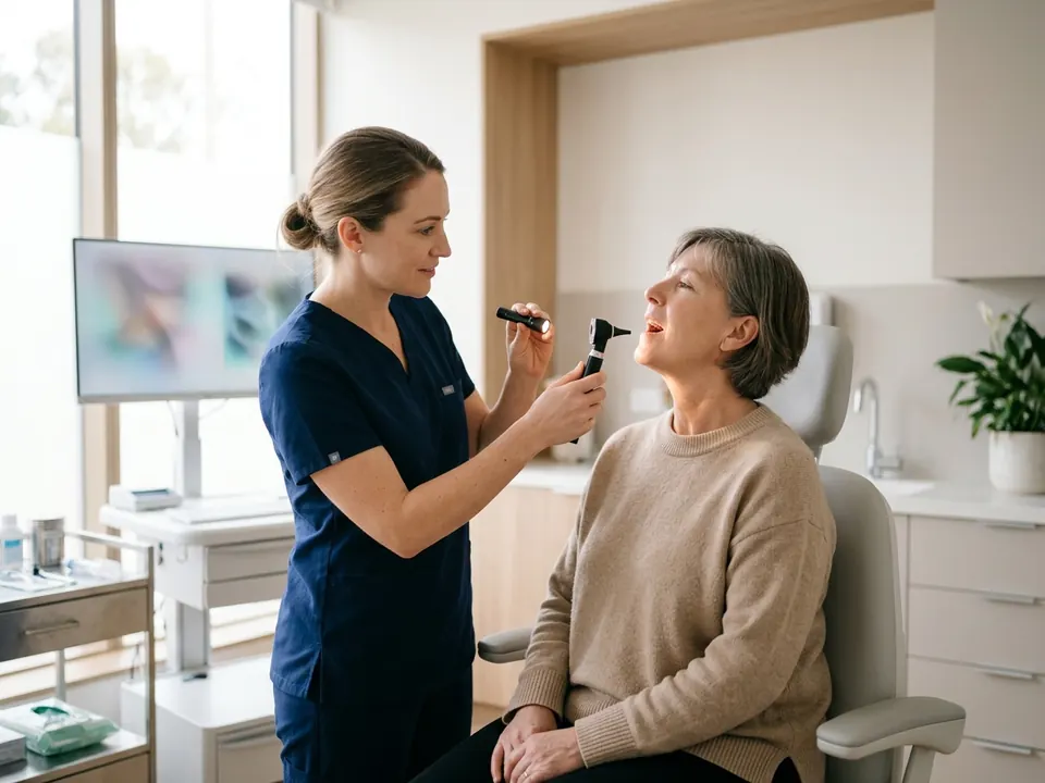 An ENT physician examining a patient's throat during a clinic consultation.