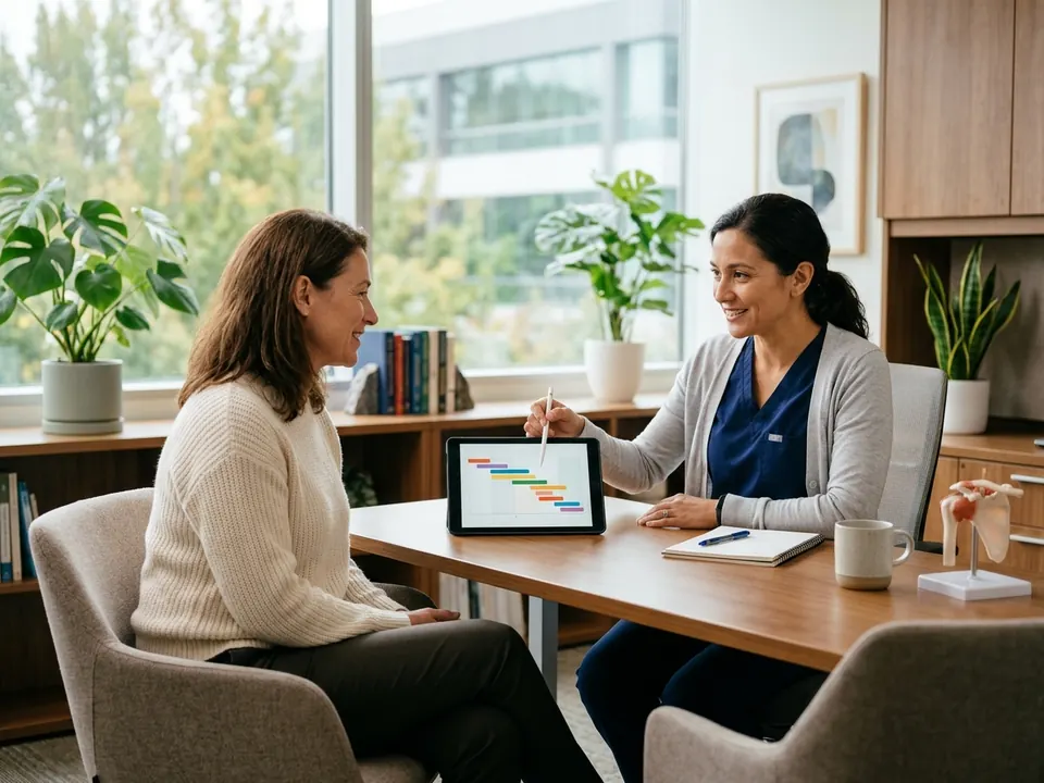 An orthopedic specialist discussing a treatment plan with a patient in a bright office.
