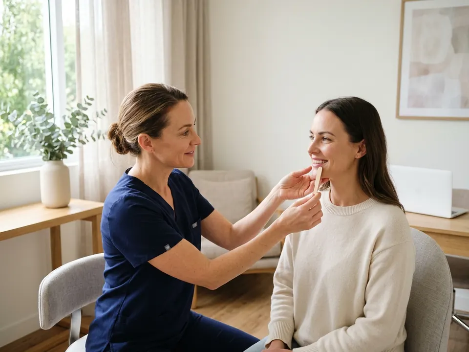 An aesthetic practitioner examining a patient's lips before a cosmetic facial treatment.