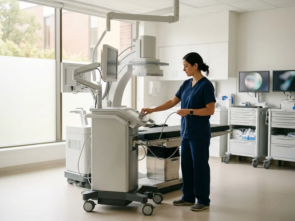A medical professional standing beside a modern lithotripsy therapy machine.