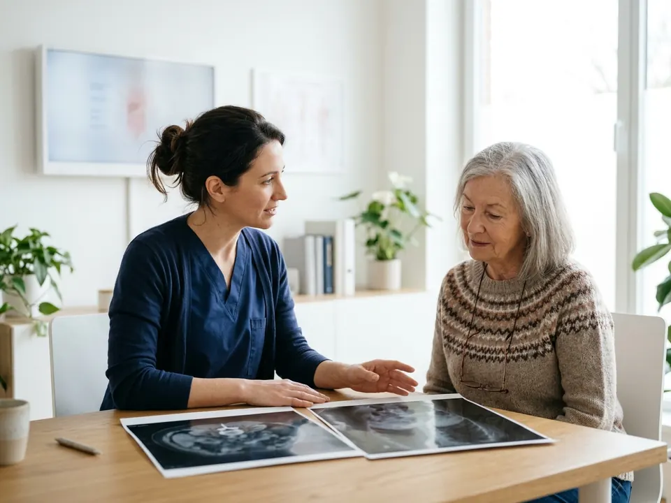 A doctor and patient reviewing medical imaging prints in a bright consultation office.