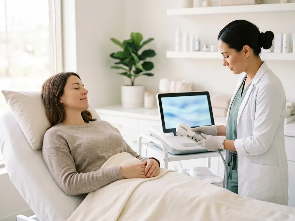 An aesthetic clinician setting up skincare equipment in a modern treatment room.