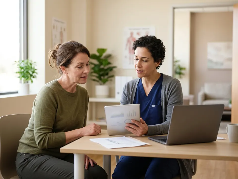 An endocrinologist reviewing metabolic health charts with a patient in a office.