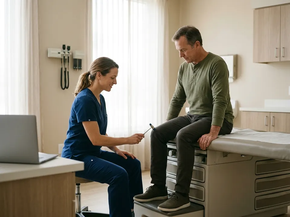 A neurologist performing a reflex exam on a seated patient using a medical hammer.