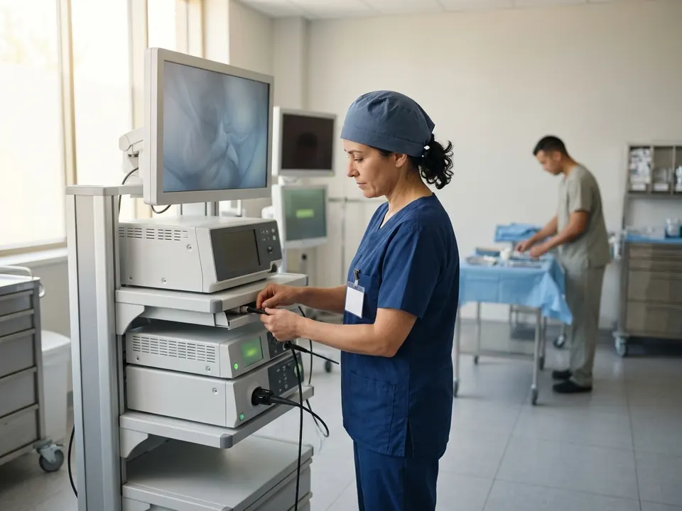 A neurosurgeon preparing endoscopic equipment in a modern medical suite.