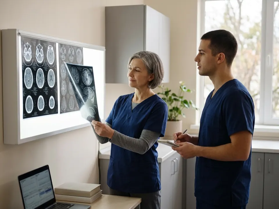 A radiologist analyzing brain diagnostic scans on a lightbox in a bright medical suite.