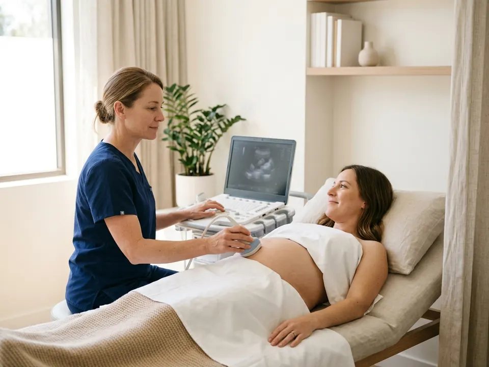 A doctor performing a pelvic ultrasound scan on a female patient.