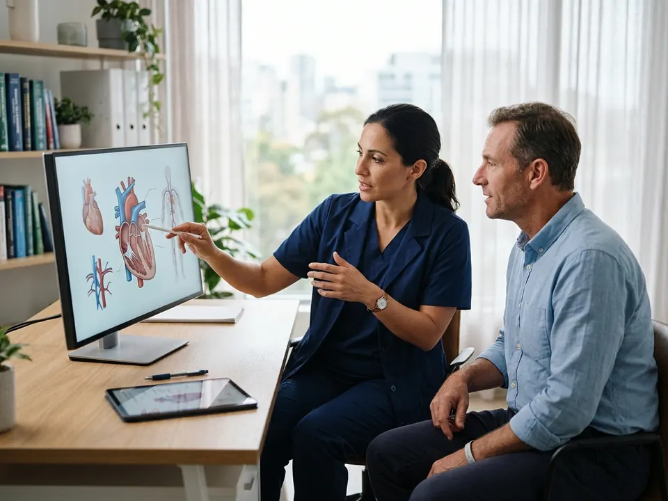 A surgeon discussing anatomical options with a patient in a clinical office.