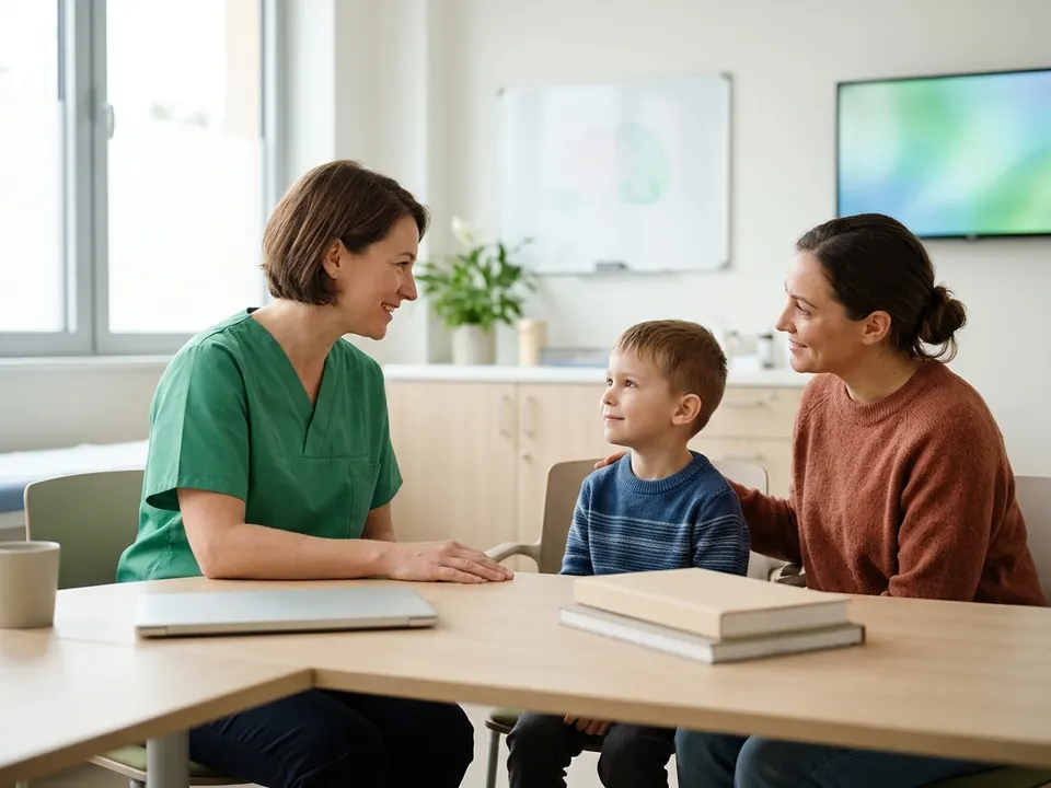 A pediatric oncologist having a warm consultation with a young child and their parent.