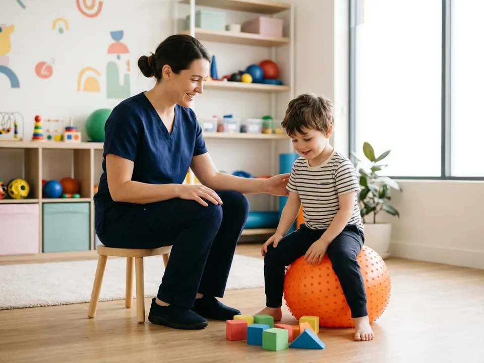 A pediatric therapist working with a young child on a colorful exercise ball.