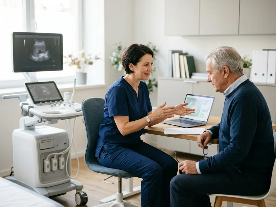 A urologist conversing with a patient next to modern diagnostic imaging equipment.