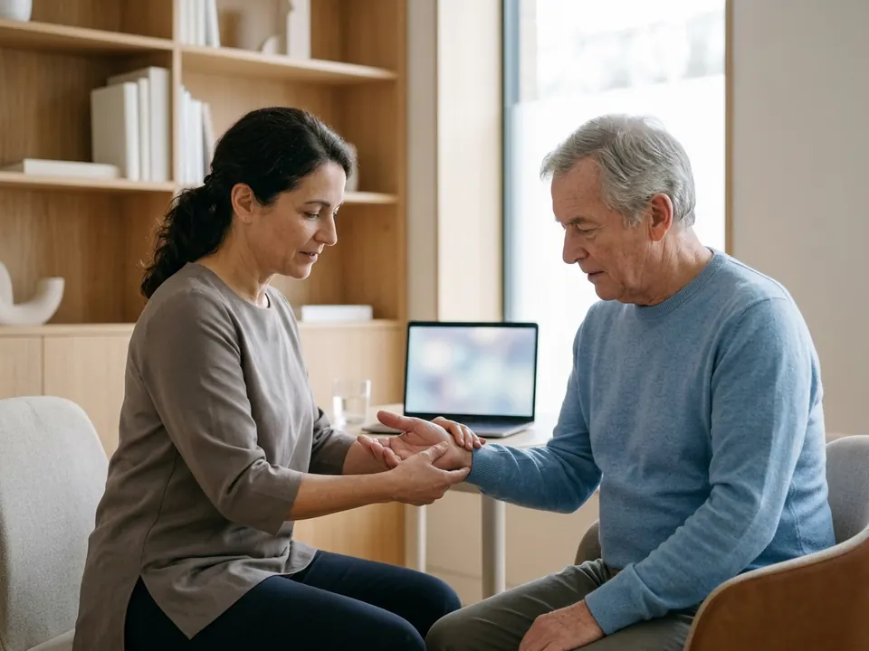 A neurosurgeon conducting a neurological hand and wrist physical examination on a female patient.