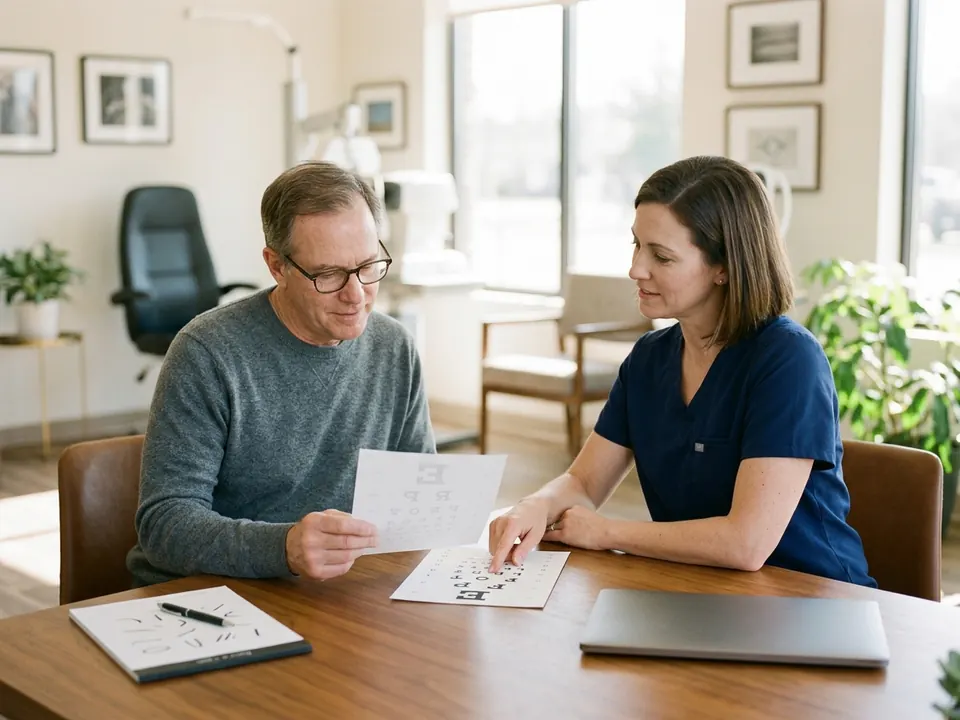 An optometrist assessing a patient's near vision with a reading chart during an exam.
