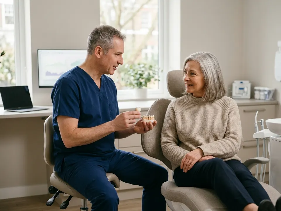 A prosthodontist presenting a dental crown model to a patient in a modern dental office.