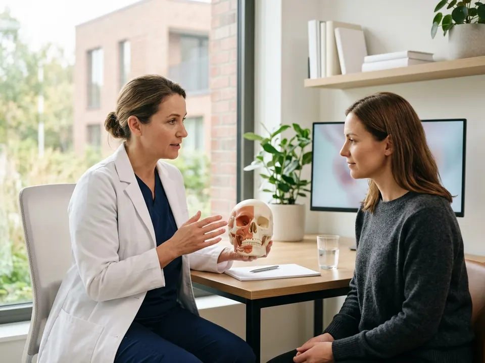 A plastic surgeon showing a 3D facial model to a patient in a sleek consultation room.
