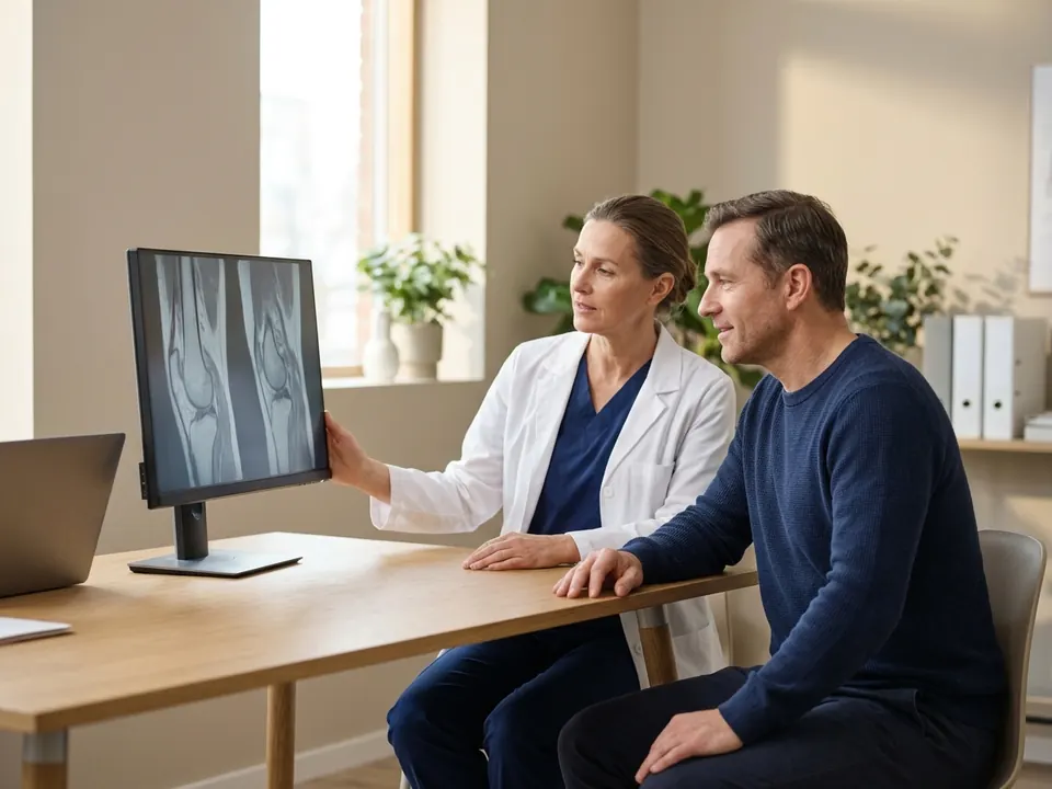 An oncologist reviewing joint and tissue scans with a patient on a computer monitor.