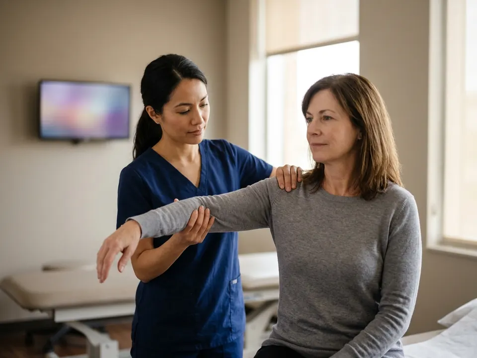 An orthopedic doctor evaluating a patient's shoulder mobility during an examination.