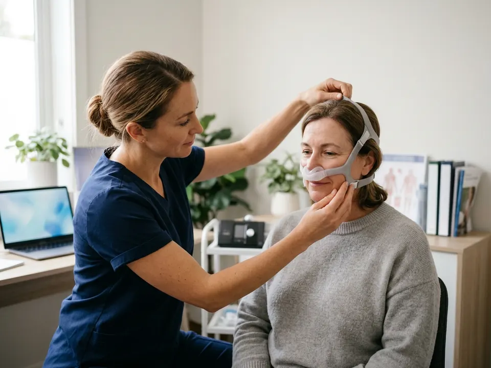 An ENT specialist fitting a patient with a sleep apnea mask in a clinic room.