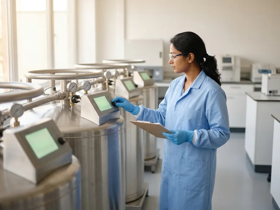 A laboratory technician standing beside cryogenic storage tanks in a fertility clinic lab.