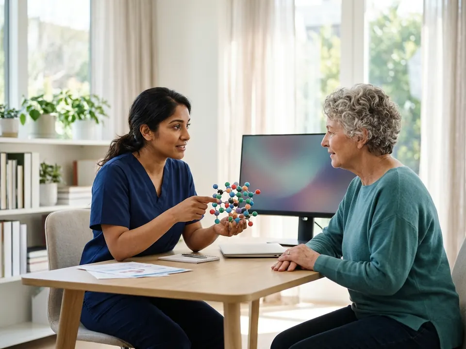 A physician showing a cellular model to a patient during a diabetes consultation.