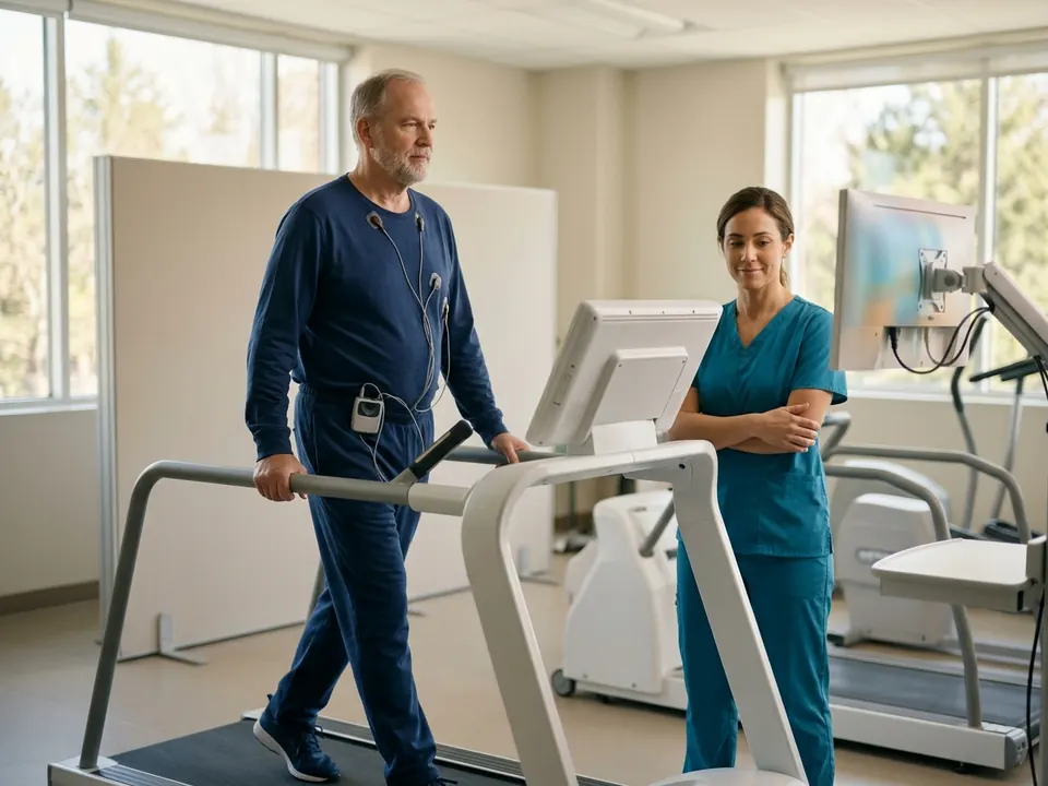 A patient performing a cardiac stress test on a treadmill under supervision.