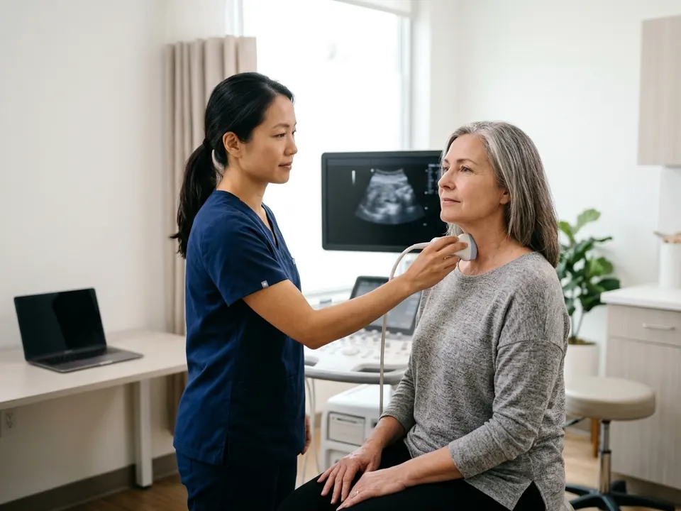 An oncologist performing a neck ultrasound scan on a seated patient in a well-lit examination room.