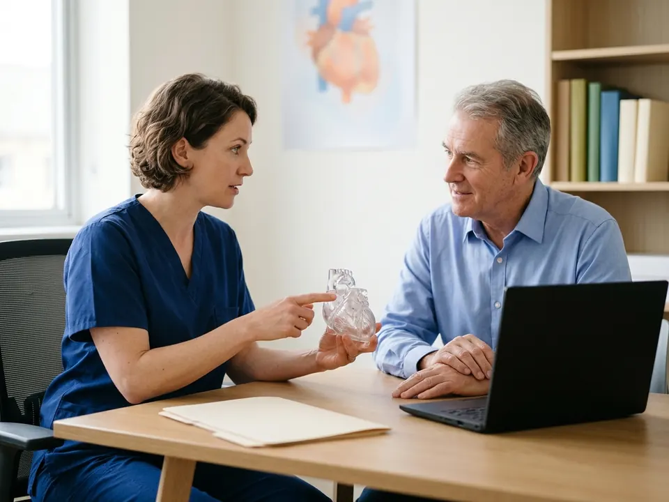 A cardiac surgeon holding an anatomical heart model while speaking to a patient.