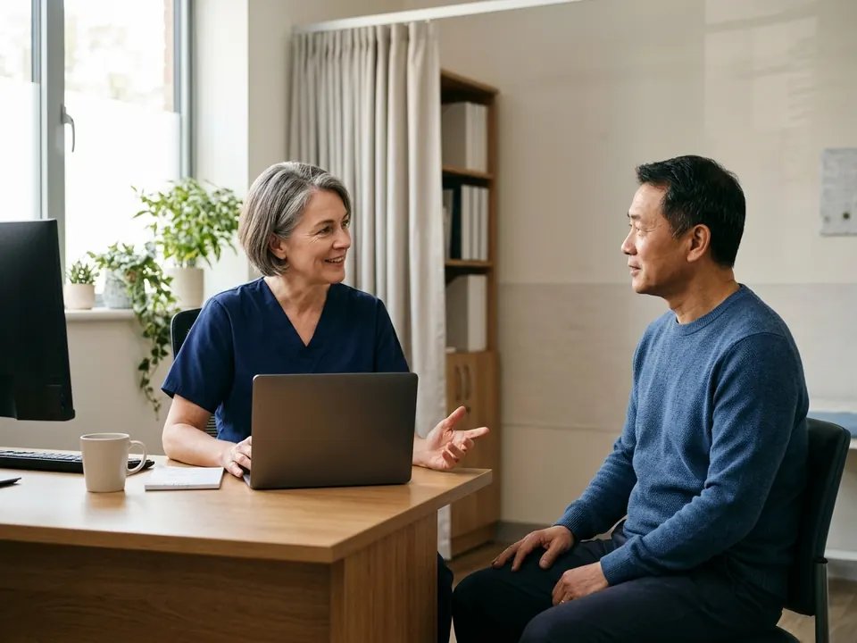 A urologist having an attentive consultation with a patient in a bright medical office.