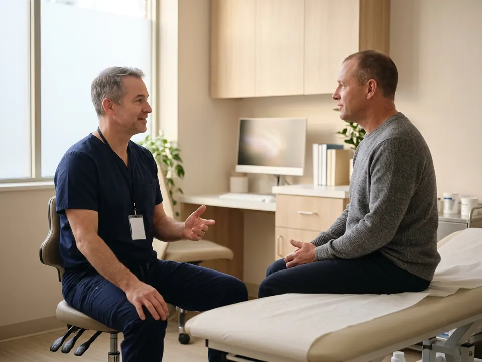 A urologist talking with a patient during a consultation in a brightly lit examination room.