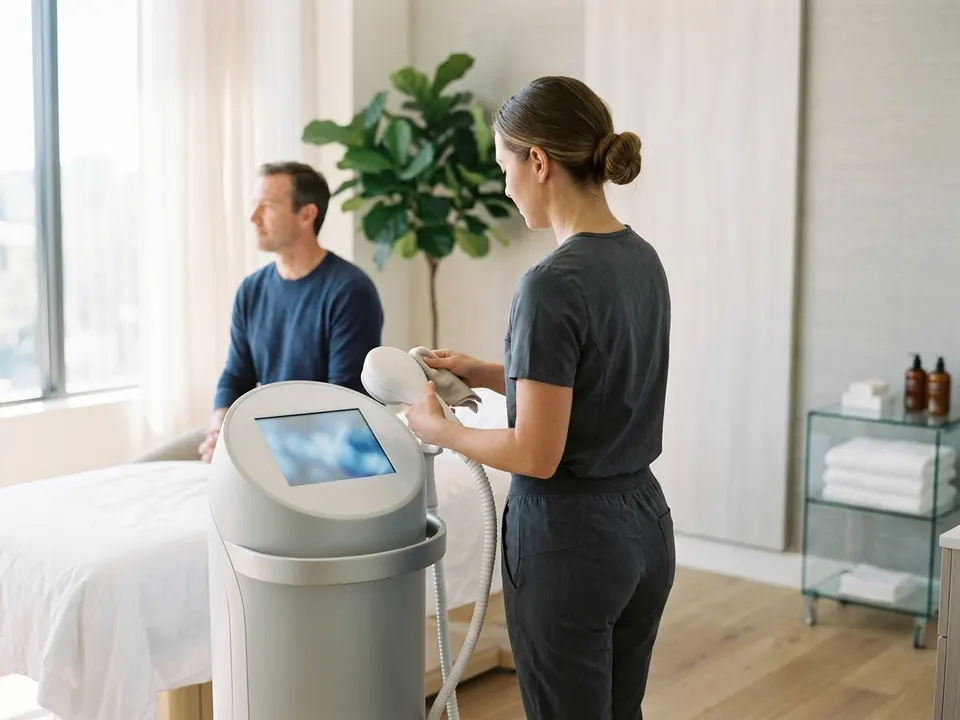 A technician preparing a smooth body contouring treatment device in a modern room.