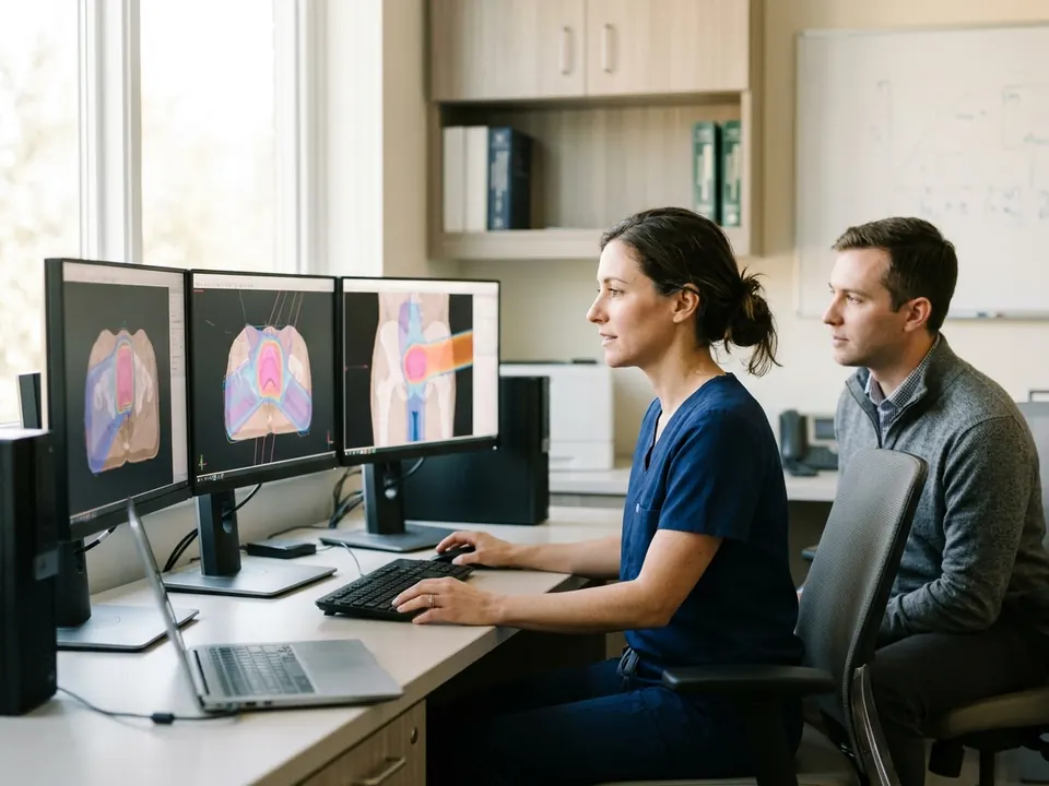 A radiation oncologist reviewing computerized 3D treatment plans in a modern control room.
